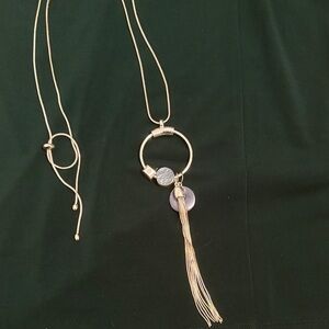Gold Tassel Pendant Necklace with Ring and Disc